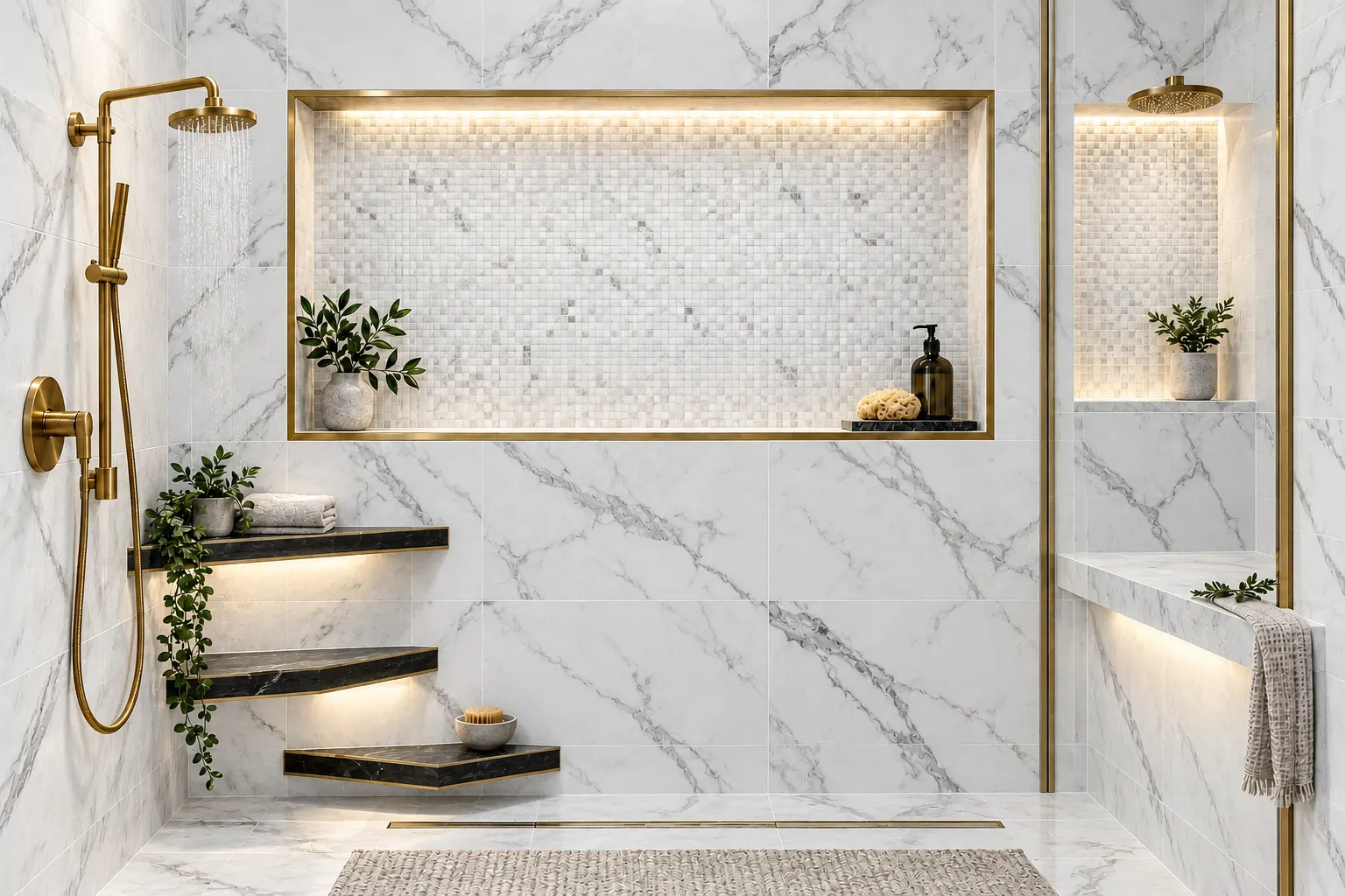 Pocono Custom Bath marble shower design with gold trim